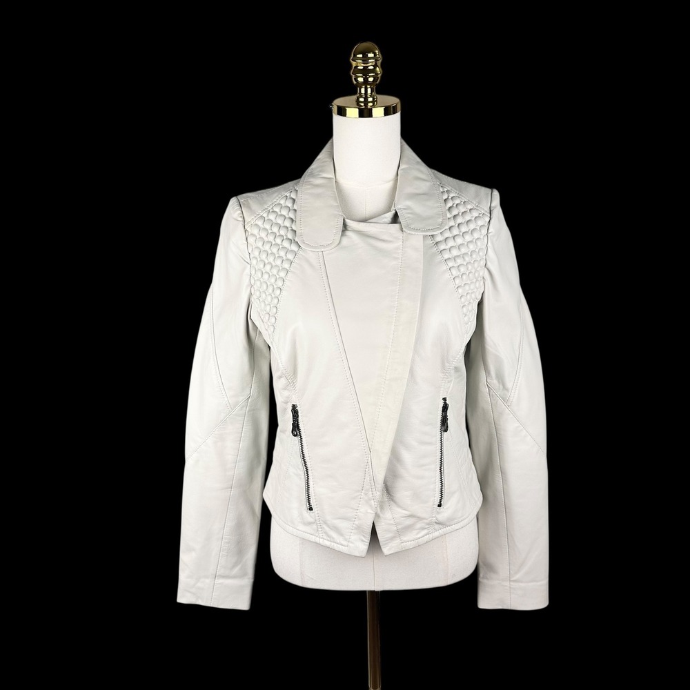 MLV Off-White 100 Lambskin Leather Honeycomb Quilted Biker Moto Jacket Size M